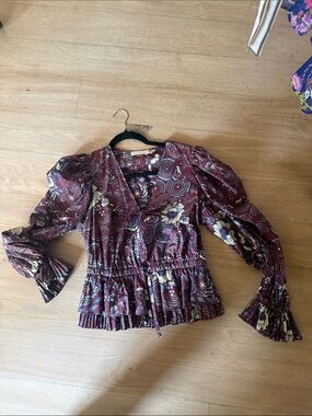 Ulla Johnson  Floral Puff-Sleeve Peplum Blouse, 100% cotton, size 6, worn once